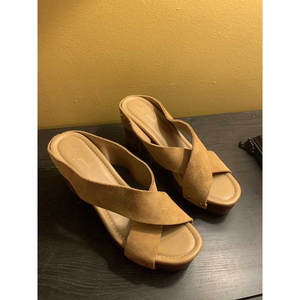 Mila Paoli Sandals Womens 10 Slide Brown‎ Suede Slip On Casual Cross Strap Block